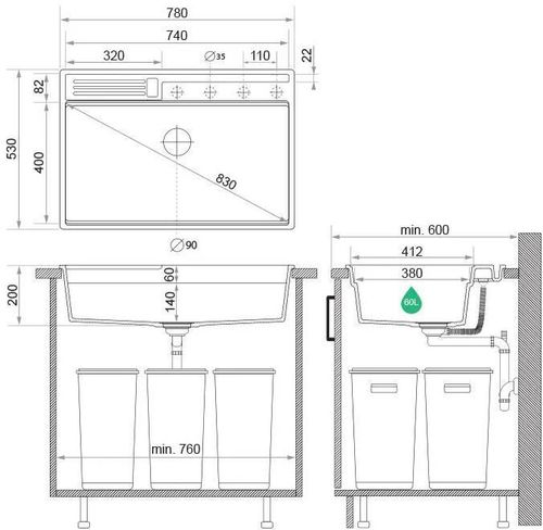 купить Мойка кухонная Primagran Oslo 80 Pocket Multilevel Black metallic + accesorii 530x780 MOHKG в Кишинёве 