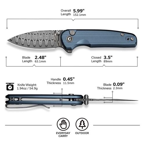 купить Нож походный Civivi C20052F-DS1 Mini Shakan, mâner aluminiu albastru, Button Lock в Кишинёве 