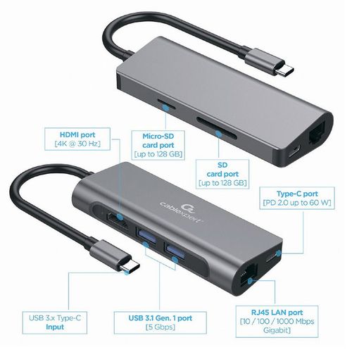 купить Gembird  A-CM-COMBO5-01, USB Type-C 5-in-1 multi-port adapter (Hub + HDMI + PD + card reader + LAN),  2-port USB hub, 4K HDMI, Gigabit LAN port, card reader and USB Type-C PD charge support в Кишинёве 