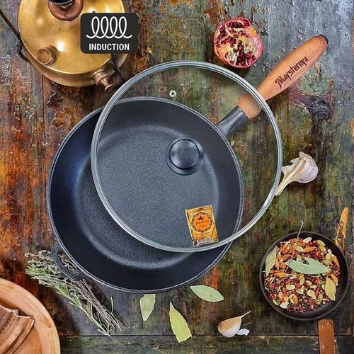 купить Сковорода Maysternya Tigaie din fonta 28x6cm cu maner din lemn si capac din sticla (T306C3) в Кишинёве 