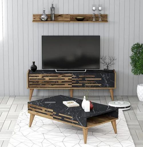 купить Стенка Trendy Valensiya-140, орех, чёрный, мрамор (комплект мебели для гостиной) (GTR001250) в Кишинёве 