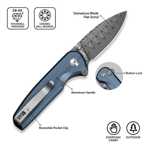 купить Нож походный Civivi C20052F-DS1 Mini Shakan, mâner aluminiu albastru, Button Lock в Кишинёве 