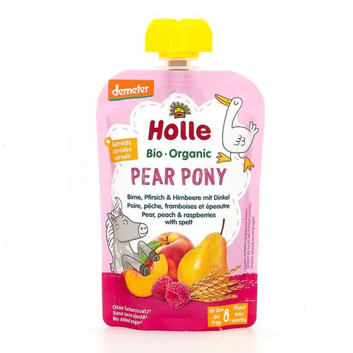 Piure Holle Bio Pear Pony pere, piersici, zmeura si grau spelt (8+ luni) 100 g 
