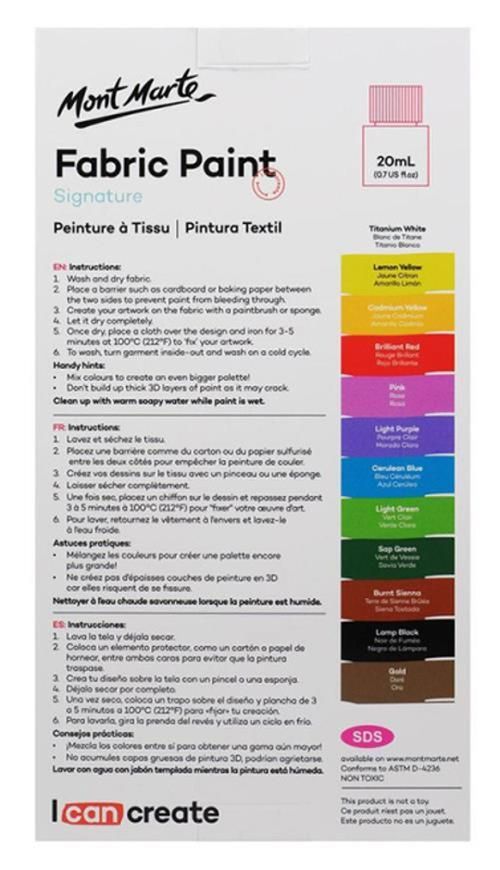 cumpără Set de creație Mont Marte PMHS0076 Set vopsele pentru haine Fabric Paint 12buc x 20ml în Chișinău 
