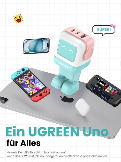 cumpără Încărcător cu fir Ugreen 35855 Nexode Robot GaN Charger USB-A+2*USB-C 65W, Pink Blue în Chișinău 