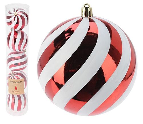 купить Новогодний декор Promstore 29718 Set globuri 5x80mm Stripes, rosu si alb, in tub в Кишинёве 