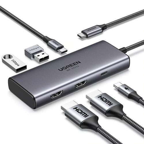купить Переходник для IT Ugreen 15852 HUB 6in1 USB-C to 2*HDMI(8K@30Hz)+2*USB-A3.0+USB-C3.0+PD(100W), CM498, Space Gray в Кишинёве 