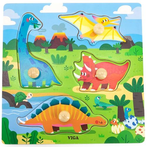Puzzle din lemn cu buton „Dinozauri” VIGA 