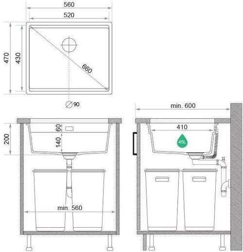купить Мойка кухонная Primagran Prague 60 Level Undermount Black + accesorii 470x460 MP6KC#P в Кишинёве 