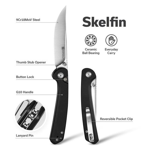 купить Нож походный Sencut S25007-2 Skelfin, G10 negru, Button Lock в Кишинёве 