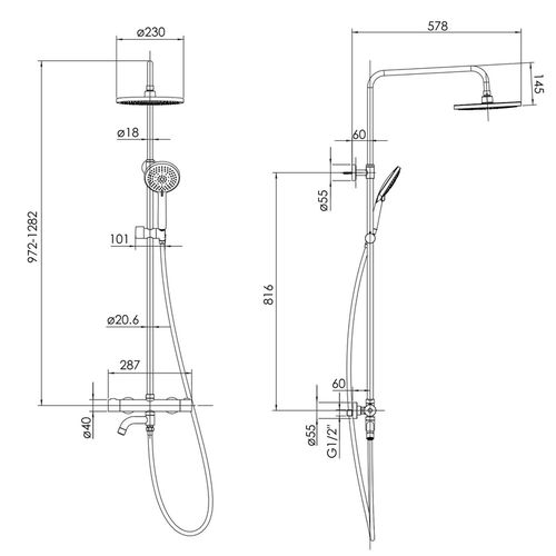 Set de duș IMPRESE CENTRUM W(mixer termostatic pentru cadă, duș de dus și de mână 3 moduri, furtun) (camera de baie) 