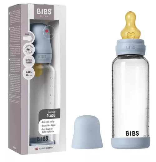 купить Поильник BIBS 5020231 Biberon din sticla anticolici Baby Blue cu tetina din latex 3+ luni, 240ml в Кишинёве 