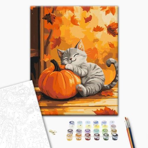 купить Картина по номерам BrushMe RBS54391FC 30x40cm (fără cutie) Pisică cu un dovleac в Кишинёве 