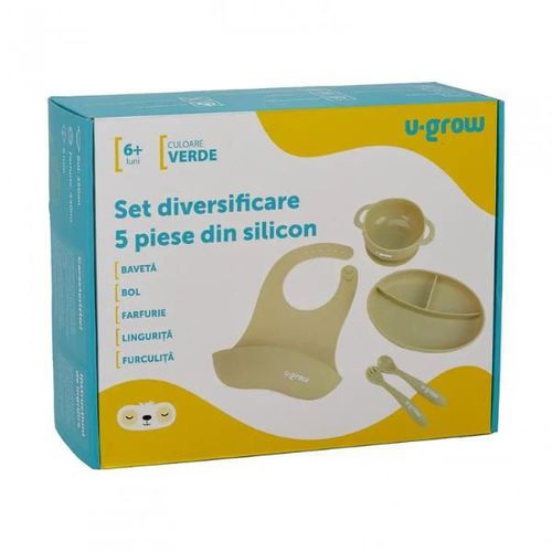 купить Посуда для кормления U-Grow UG-SET2OV Set diversificare 5 piese din silicon: bavetă, bol, farfurie, linguriță și furculiță, Olive в Кишинёве 