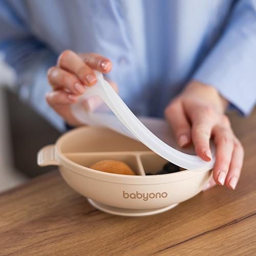 купить Посуда для кормления BabyOno 1661/03 Placa de silicon cu ventuza si capac (bej) в Кишинёве 