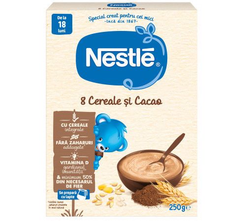 Terci fara lapte Nestle 8 cereale cu cacao (12+ luni) 250 g 