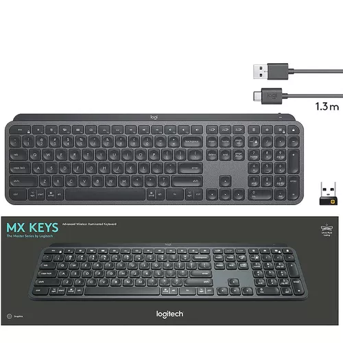 купить Клавиатура Logitech Wireless MX Keys Advanced Graphite Illuminated Keyboard, Logitech Unifying 2.4GHz wireless technology, Bluetooth, Rechargeable with USB type C, Graphite 920-009417 в Кишинёве 