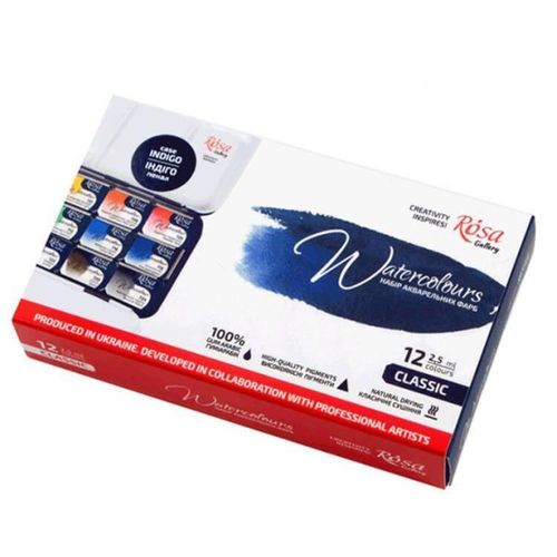 купить Набор для творчества Rosa Gallery 3403112 Set de vopsele acuarele Classic, cutie metalică, Indigo, 12 culori в Кишинёве 