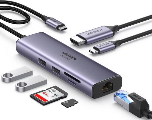 купить USB Hub Ugreen 90568 HUB 7in1 USB-C To 4K@60Hz HDMI + 2*USB-A 3.0 + RJ45 Gigabit + SD/TF Card Slot + PD 100W | CM512, Grey в Кишинёве 