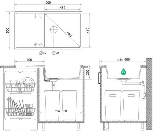 купить Мойка кухонная Primagran Ibiza 900-60 Black metallic + accesorii 500x900 MI9KM в Кишинёве 