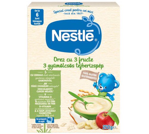 Terci de orez cu lapte Nestle 3 fructe (6+ luni) 250 g 