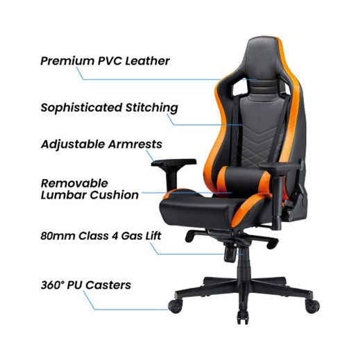 cumpără Scaun gaming Lumi Premium Gaming Chair CH06-34 with Headrest & Lumbar Support CH06-34, Black/Orange, PVC Leather, 4D Armrest, Steel Frame, 350mm Nylon Plastic Base, PU Caster, 80mm Class 4 Gas Lift, Weight Capacity 180 Kg XMAS în Chișinău 