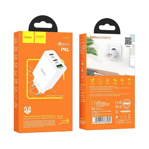 купить Зарядное устройство Hoco C99A PD20W+QC3.0 three-port (2C1A) charger (EU) , Output 2xType-C & 1xUSB, white 767554 в Кишинёве 