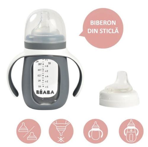 cumpără Cană cu pai Beaba B913538 Biberon de invatare 2 in 1 din Sticla 210 ml Mineral Grey în Chișinău 