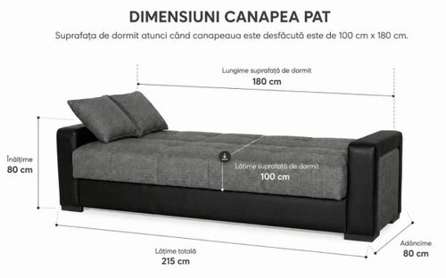 купить Диван Trendy Meda, extensibila cu lada de depozitare, 215x80x80cm, Gri/Negru в Кишинёве 
