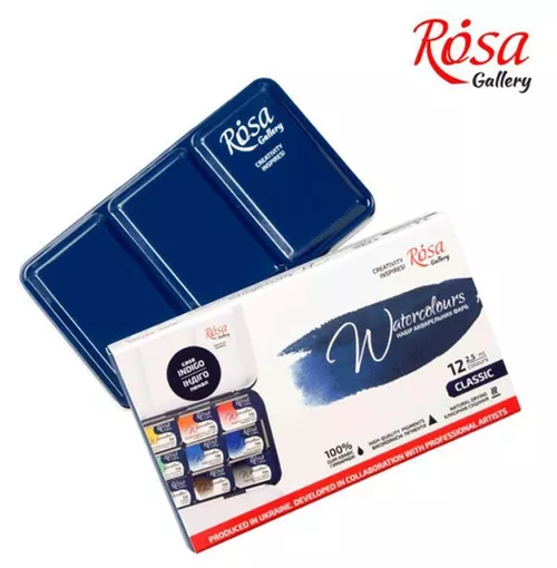 купить Набор для творчества Rosa Gallery 3403112 Set de vopsele acuarele Classic, cutie metalică, Indigo, 12 culori в Кишинёве 