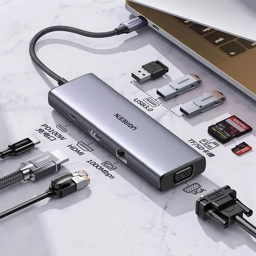 купить USB Hub Ugreen 15600 HUB 9in1 USB-C to HDMI (4K@60Hz) + VGA+ 3*USB-A 3.0 + Gigabit RJ45 +SD/TF + PD 100W | CM498, Grey в Кишинёве 
