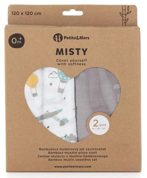 купить Аксессуар для пеленания Petite&Mars 417361 Set 2 paturele de muselina din bambus Misty Grey Planes, 120x120cm в Кишинёве 