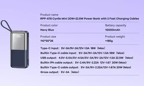 cumpără Acumulator extern USB (Powerbank) Remax RPP-678 10KmAh FC 20W+22,5W Navy Blue în Chișinău 