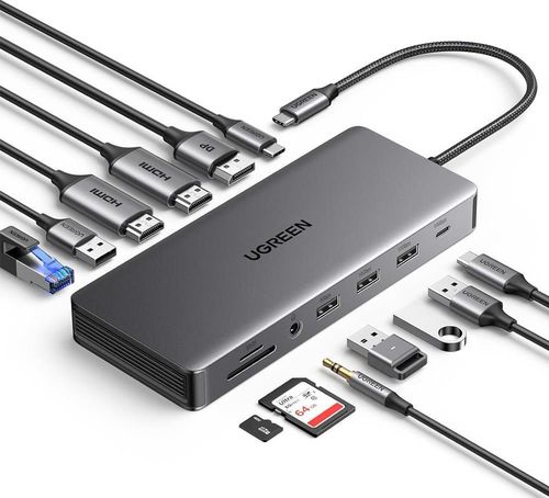 купить Переходник для IT Ugreen 15978 HUB 13in1 USB-C to 2*HDMI(4K@60Hz)+DP+2*USB-A3.2+USB-C3.2+2*USB-A3.0+SD/TF+GigabitRJ45+3.5mm+PD(100W), CM681, Space Gray в Кишинёве 