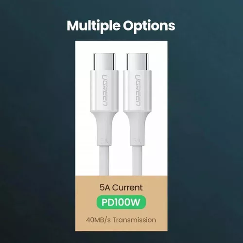 купить Кабель для моб. устройства Ugreen 60552, US300, Type-C 2.0 to Type-C 2.0 5A 100W, 2M, White в Кишинёве 
