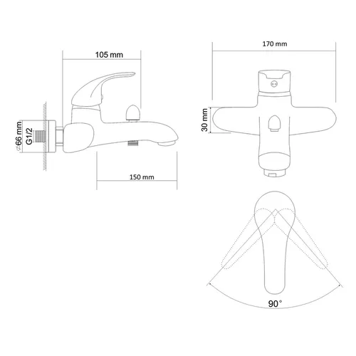 Baterie monocomand pentru baie crom 40mm RJ AURORA 