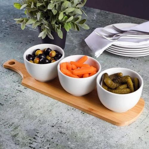 купить Посуда прочая EuroGold 7112901411 Boluri rotunde ceramice pe suport din bambus 3buc в Кишинёве 