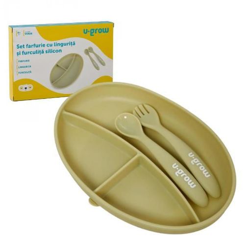 cumpără Seturi pentru hrănire bebelușilor U-Grow UG-SET9OV Set farfurie cu linguriță și furculiță din silicon, Olive în Chișinău 