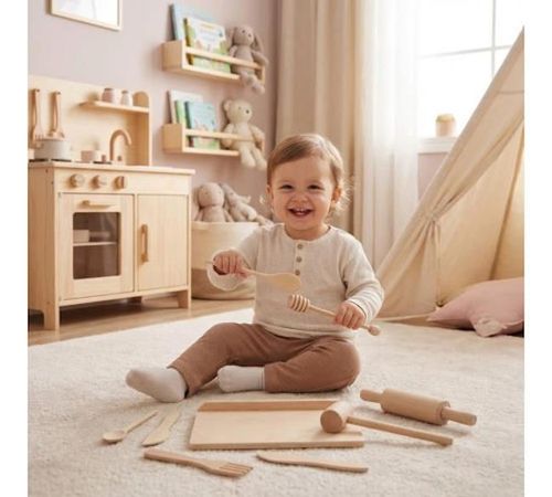 купить Игрушечная кухня и посуда Baby Mix 59281 Деревянный кухонный набор для детей в Кишинёве 