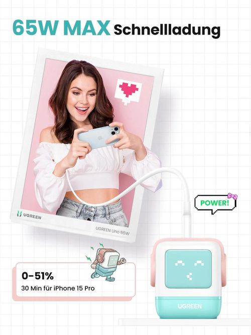 cumpără Încărcător cu fir Ugreen 35855 Nexode Robot GaN Charger USB-A+2*USB-C 65W, Pink Blue în Chișinău 