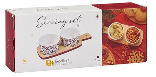 купить Тарелка Promstore 23341 Set pentru aperitiv Christmas (2 boluri + suport din lemn) в Кишинёве 