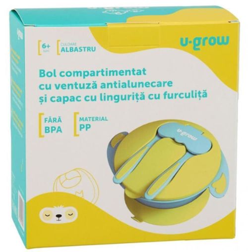 купить Посуда для кормления U-Grow A-1104BL Bol compartimentat cu ventuză și capac, Albastru в Кишинёве 