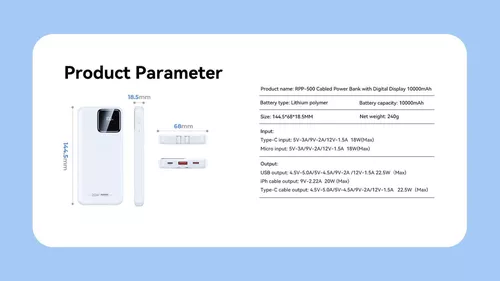 купить Аккумулятор внешний USB (Powerbank) Remax RPP-500 10KmAh PD+QC 20W+22,5W Dark Blue в Кишинёве 