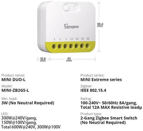 купить Выключатель электрический Sonoff Zigbee Smart Switch MINI-ZB2GS-L Mini Duo 2-Gang (No Neutral Required) в Кишинёве 