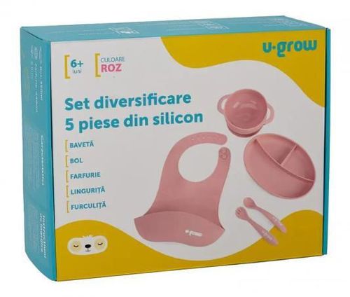 купить Посуда для кормления U-Grow UG-SET2PK Set diversificare 5 piese din silicon: bavetă, bol, farfurie, linguriță și furculiță, roz в Кишинёве 