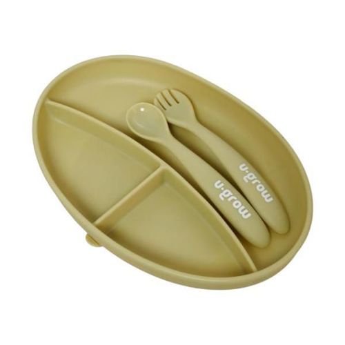 cumpără Seturi pentru hrănire bebelușilor U-Grow UG-SET9OV Set farfurie cu linguriță și furculiță din silicon, Olive în Chișinău 