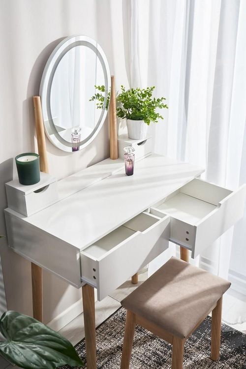 купить Стол Jumi CM-920439 Туалетный столик с банкеткой и овальным зеркалом со светодиодной подсветкой (140x80x40 см), белый/бежевый в Кишинёве 