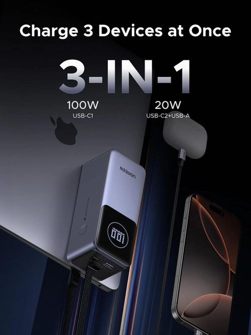 cumpără Acumulator extern USB (Powerbank) Ugreen 55365B, Nexode Flight Approved 20000mAh, 130W, with Built-in USB-C Cable, Grey în Chișinău 