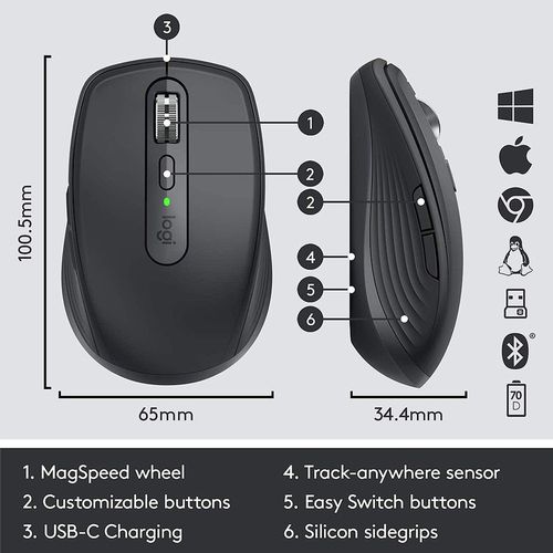 cumpără Mouse fara fir Logitech Wireless Mouse MX Anywhere 3S GRAPHITE, 6 buttons, Bluetooth + 2.4GHz, Optical, 200-8000 dpi, Rechargeable Li-Po (500 mAh) battery, up to 70 days on a single full charge, GRAPHITE, 910-006929 (mouse/мышь) în Chișinău 