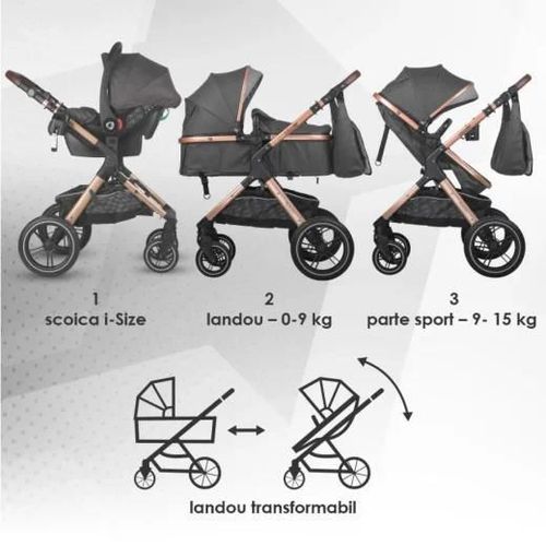 cumpără Сărucior pentru copii Coccolle Melora Diamond Black, 3in1 cu landou transformabil în Chișinău 